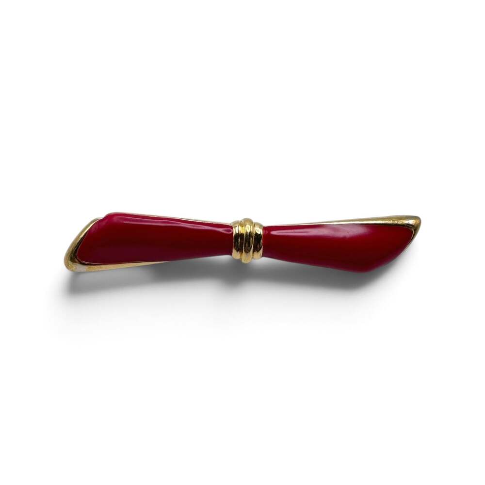 Vintage Monet Red Enamel Bowtie Bar Brooch Gold Tone Ribbon Modernist Pin